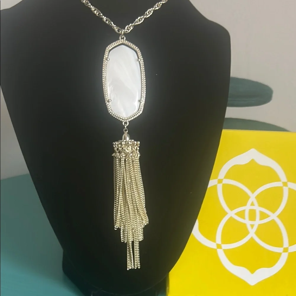Kendra Scott Rayne Mother of Pearl Pendant Tassel Fringe Silver Tone Necklace - Picture 5 of 8